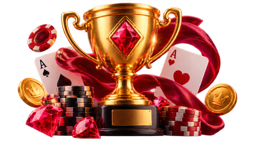 Ruby Slots Casino tournament trophy with chips and ruby-themed casino elements