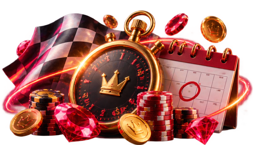 Casino wheel and racing flag representing tournament mechanics at Ruby Slots Casino